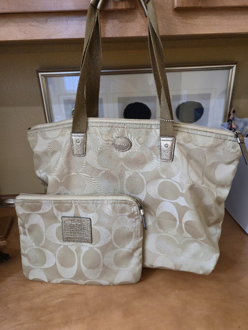 Coach Metallic Beige Signature Tote with Matching Pouch